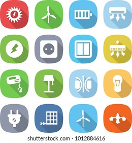 flat vector icon set - sun power vector, windmill, battery, air conditioning, electricity, socket, switch, mixer, floor lamp, magnetic field, bulb, plug, solar panel, hard reach place cleaning