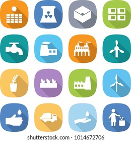 flat vector icon set - sun power vector, nuclear, box, panel house, water tap, factory, windmill, seedling, hand drop, trash truck, and, garbage bin
