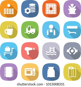 flat vector icon set - sun power vector, virtual mining, cpu, flower, hot drink, fork loader, workman, lounger, baggage trolley, hair dryer, pool, connect, chip, grill oven, flour, paper towel