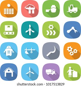 flat vector icon set - sun power vector, factory filter, port, fork loader, transporter tape, windmill, conveyor, robot hand, plow, sickle, gears, barn, sweeper, garbage bin