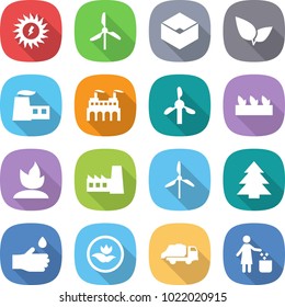 flat vector icon set - sun power vector, windmill, box, leafs, factory, seedling, sprouting, spruce, hand drop, ecology, trash truck, garbage bin