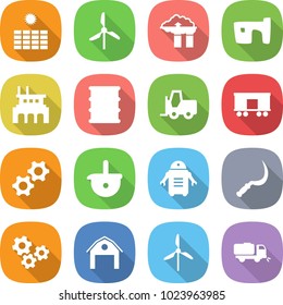 flat vector icon set - sun power vector, windmill, factory filter, slum, barrel, fork loader, railroad shipping, gears, ladle, robot, sickle, barn, sweeper