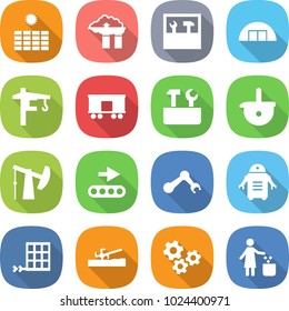 flat vector icon set - sun power vector, factory filter, tools, hangare, tower crane, railroad shipping, repair, ladle, oil pump, conveyor, robot hand, solar panel, soil cutter, gears, garbage bin