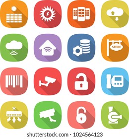 flat vector icon set - sun power vector, server, cloud service, wireless, home, virtual mining, store signboard, bar code, surveillance, unlocked, intercome, air conditioning, camera, unlock