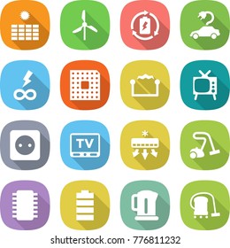 flat vector icon set - sun power vector, windmill, battery charge, electric car, infinity, cpu, electrostatic, tv, socket, air conditioning, vacuum cleaner, chip, kettle