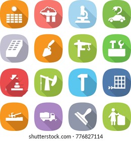 flat vector icon set - sun power vector, factory filter, microscope, electric car, brick, construction, tower crane, repair tools, press, oil pump, hammer, solar panel, soil cutter, sweeper, scraper