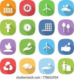 flat vector icon set - sun power vector, windmill, eco car, solar, panel, trees, sprouting, hand leaf, drop, recycling, trash truck, and, garbage bin