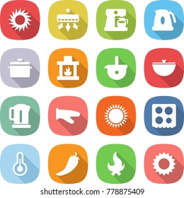 flat vector icon set - sun vector, air conditioning, coffee maker, kettle, pan, fireplace, ladle, cauldron, cook glove, gas oven, hob, thermometer, hot pepper, fire