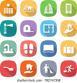 flat vector icon set - sun power vector, project, skyscraper, lighthouse, measuring tape, plan, real estate, water tap, slippers, sponge, clean window, brush, housing, brooming, vacuum cleaner