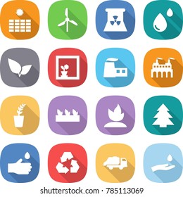 flat vector icon set - sun power vector, windmill, nuclear, blood drop, leafs, flower in window, factory, seedling, sprouting, spruce, hand, recycling, trash truck, and