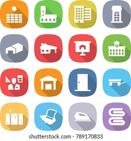 flat vector icon set - sun power vector, mansion, houses, building, warehouse, house with garage, presentation, university, architector, door, trailer, clean window, floor washing, iron, towel