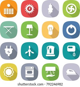 flat vector icon set - sun power vector, spark plug, cooler fan, iron board, floor lamp, bulb, on off button, windmill, kettle, mixer, induction oven, hand dryer