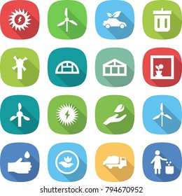 flat vector icon set - sun power vector, windmill, eco car, bin, greenhouse, flower in window, solar, hand leaf, drop, ecology, trash truck, garbage