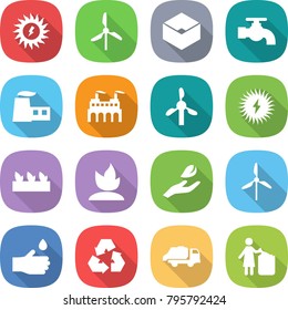 flat vector icon set - sun power vector, windmill, box, water tap, factory, solar, seedling, sprouting, hand leaf, drop, recycling, trash truck, garbage bin
