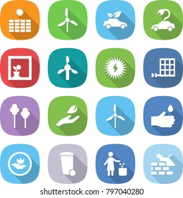 flat vector icon set - sun power vector, windmill, eco car, electric, flower in window, solar, panel, trees, hand leaf, drop, ecology, trash bin, garbage, construct