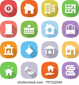 flat vector icon set - sun power vector, home, houses, modular house, door, university, smart, dresser, fireplace, rag, warehouse, cleaning, wiping, housing, towel