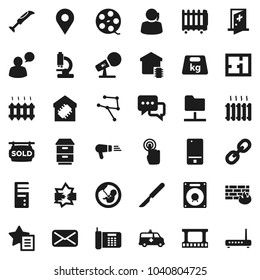 Flat vector icon set - support vector, weight, film frame, spool, microphone, mobile phone, touchscreen, dialog, speaking man, link, mail, pregnancy, scalpel, microscope, amkbulance car, network