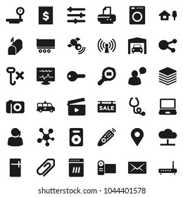 Flat vector icon set - support vector, truck trailer, receipt, no hook, big scales, cargo search, cinema clap, satellitie, remote control, speaking man, social media, speaker, stethoscope, data, pin