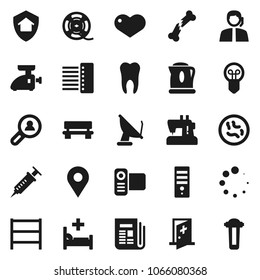 Flat vector icon set - support vector, shelving, film spool, newspaper, video camera, heart, syringe, broken bone, microbs, hospital bed, tooth, medical room, hub, bench, loading, pin, client search