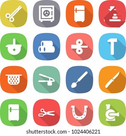 flat vector icon set - surgical clamp vector, safe, fridge, press, ladle, pipes, metal rolling, hammer, colander, garlic clasp, big spoon, knife, scissors, horseshoe, water pump