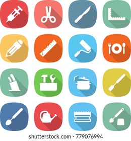 flat vector icon set - syringe vector, scissors, scalpel, ruler, pencil, repair, cafe, stands for knives, tools, steam pan, spatula, big spoon, watering can, sponge, toilet brush