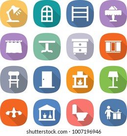 flat vector icon set - table lamp vector, arch window, rack, restaurant, curtain, nightstand, wardrobe, chair, door, fireplace, floor, hard reach place cleaning, utility room, toilet, kitchen
