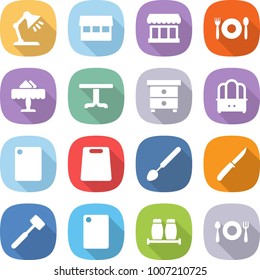 flat vector icon set - table lamp vector, market, cafe, restaurant, nightstand, dresser, cutting board, big spoon, knife, meat hammer, salt pepper, fork plate