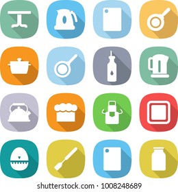 Flat Vector Icon Set - Table Vector, Kettle, Cutting Board, Pan, Vegetable Oil, Chief Hat, Apron, Egg Timer, Spatula, Bank