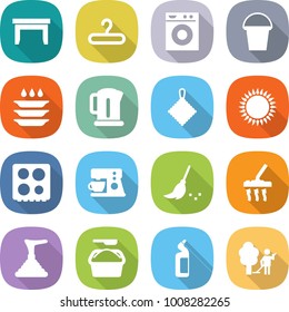 flat vector icon set - table vector, hanger, washing machine, bucket, plate, kettle, rag, gas oven, hob, coffee maker, broom, vacuum cleaner, plunger, powder, toilet cleanser, garden cleaning