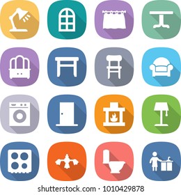 flat vector icon set - table lamp vector, arch window, curtain, dresser, stool, chair, armchair, washing machine, door, fireplace, floor, hob, hard reach place cleaning, toilet, kitchen