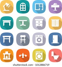 flat vector icon set - table lamp vector, arch window, plan, restaurant, nightstand, chest of drawers, stool, chair, washing machine, door, fireplace, hard reach place cleaning, toilet