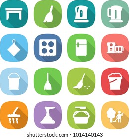 flat vector icon set - table vector, broom, kettle, rag, hob, fridge, food processor, bucket, foam, vacuum cleaner, plunger, washing powder, garden cleaning