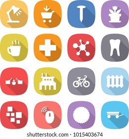 flat vector icon set - table lamp vector, add to cart, nail, flower, hot drink, medical cross, virus, tooth, drawbridge, factory, bike, radiator, blocks, wireless mouse, cookies, trailer
