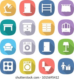 flat vector icon set - table lamp vector, door, rack, curtain, nightstand, chest of drawers, dresser, armchair, washing machine, floor, hob, toilet, kitchen cleaning