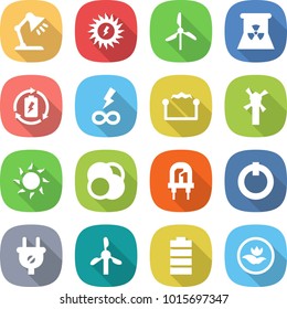 flat vector icon set - table lamp vector, sun power, windmill, nuclear, battery charge, infinity, electrostatic, atom core, led, on off button, plug, ecology