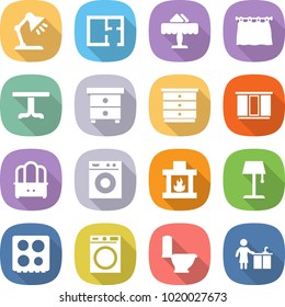 flat vector icon set - table lamp vector, plan, restaurant, curtain, nightstand, chest of drawers, wardrobe, dresser, washing machine, fireplace, floor, hob, toilet, kitchen cleaning