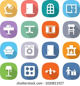 flat vector icon set - table lamp vector, door, arch window, plan, restaurant, wardrobe, chair, armchair, washing machine, fireplace, floor, hob, hard reach place cleaning, kitchen