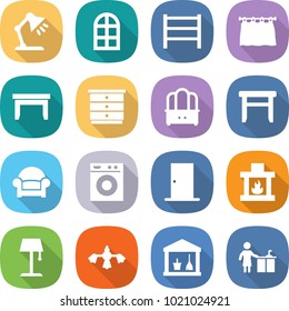 flat vector icon set - table lamp vector, arch window, rack, curtain, chest of drawers, dresser, stool, armchair, washing machine, door, fireplace, floor, hard reach place cleaning, utility room