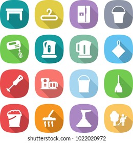 flat vector icon set - table vector, hanger, fridge, bucket, mixer, kettle, rag, blender, food processor, broom, foam, vacuum cleaner, plunger, garden cleaning