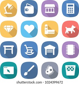 flat vector icon set - table lamp vector, wallet, market, calculator, diamond, heart, church, dog, stool, rocking chair, garage, chip, browser window, big spoon, microb, trash bin