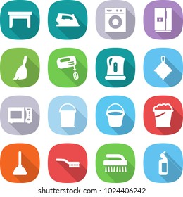 flat vector icon set - table vector, iron, washing machine, fridge, broom, mixer, kettle, rag, microwave oven, bucket, foam, plunger, brush, toilet cleanser
