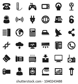 Flat vector icon set - table lamp vector, calculator, world, laptop graph, molecule, earth, phone, package, satellite antenna, gamepad, dna, diagnostic monitor, tomography, hub, cloud download, iron