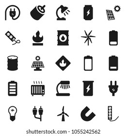 Flat vector icon set - table lamp vector, magnet, enegry drink, flammable, oil barrel, battery, rca, solar panel, windmill, power plug, heater, bulb, multi socket