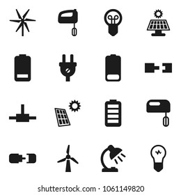Flat vector icon set - table lamp vector, battery, connect, connection, solar panel, windmill, power plug, mixer, bulb