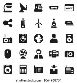 Flat vector icon set - table lamp vector, calculator, world, support, package, antenna, remote control, speaker, hdmi, server, browser, share, windmill, washer, iron, coffee maker, fan, camera