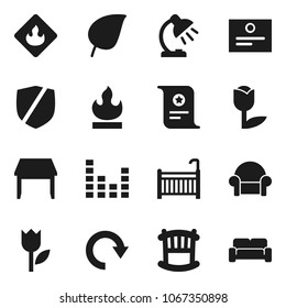 Flat vector icon set - table lamp vector, certificate, leaf, tulip, protected, flammable, equalizer, redo, crib, cushioned furniture