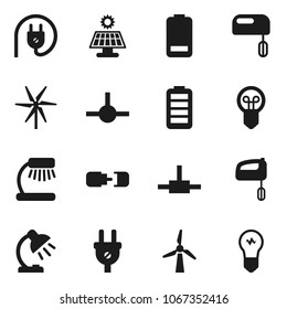 Flat vector icon set - table lamp vector, battery, connect, connection, solar panel, windmill, power plug, mixer, bulb