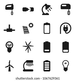 Flat vector icon set - table lamp vector, battery, connect, connection, solar panel, windmill, power plug, mixer, bulb