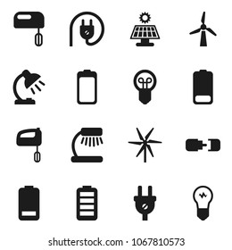 Flat vector icon set - table lamp vector, battery, connection, solar panel, windmill, power plug, mixer, bulb