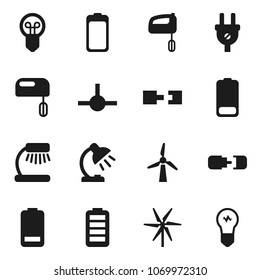 Flat vector icon set - table lamp vector, battery, connect, connection, windmill, power plug, mixer, bulb